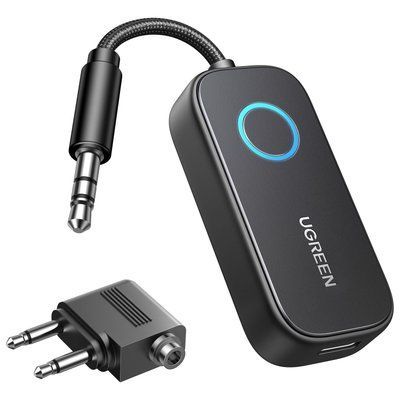 Bluetooth-адаптер Ugreen 3.5 мм 2-в-1 приемник и передатчик Bluetooth 5.2 аккумулятор до 28 часов с переходником для самолета Черный 35222A фото
