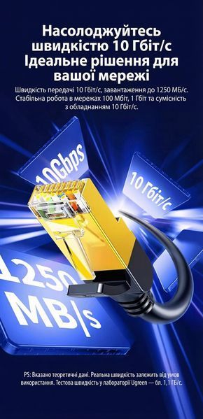 Мережевий кабель UGREEN 3 м Cat 7 RJ45 10 Гбіт/с екранований мідний круглий Чорний 11270 фото