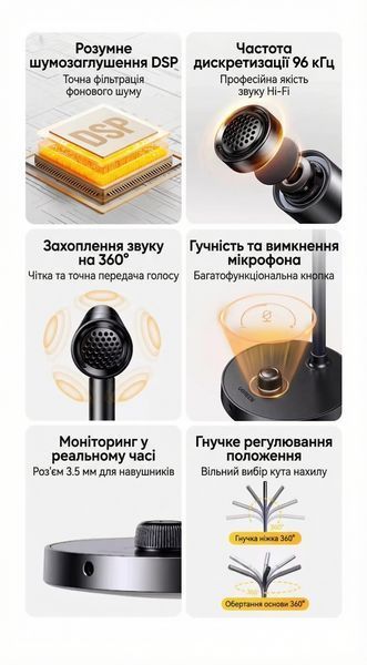 Микрофон настольный Ugreen USB всенаправленный 360&deg; HiFi с шумоподавлением регулятор громкости кнопка отключения звука выход 3.5 мм гибкая ножка Черный 55344 фото