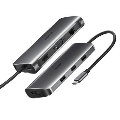 Хаб USB-C Ugreen 9 в 1 HDMI 4K VGA RJ45 1000 Мбит/с PD 100 Вт 3xUSB 3.0 SD MicroSD алюминиевый темно-серый 40873 фото
