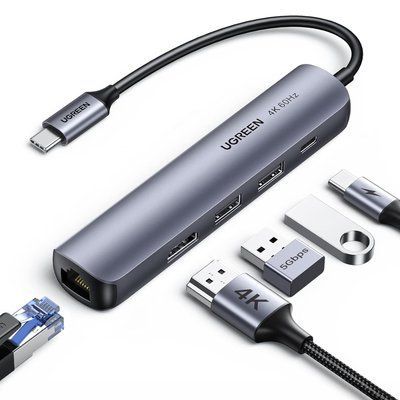 USB-хаб UGREEN 20 см 5 в 1 USB-C на HDMI 4K 60Hz RJ45 1000 Мбит/с PD 100 Вт 2xUSB 3.0 Темно-серый 10919 фото