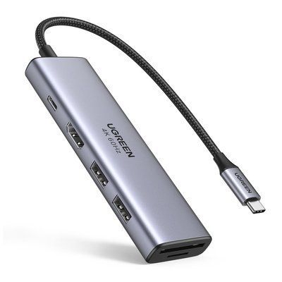 Хаб USB-C UGREEN 15 см 6-в-1 HDMI 4K 60Hz PD 100W 2xUSB 3.0 кардридер SD TF алюминиевый Темно-серый 60384 фото