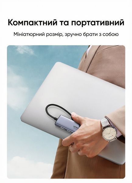 Хаб USB-C UGREEN 15 см 6-в-1 HDMI 4K 60Hz PD 100W 2xUSB 3.0 кардридер SD TF алюминиевый Темно-серый 60384 фото