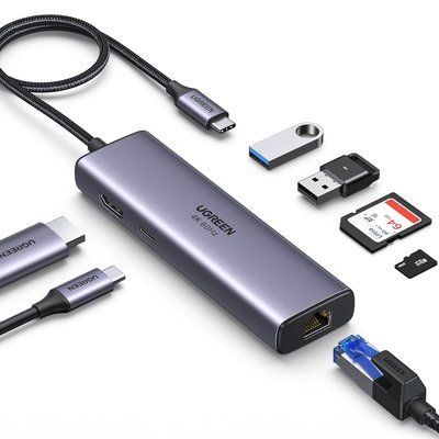 USB-C хаб Ugreen 20 см 7 в 1 HDMI 4K 60Hz RJ45 1 Гбит/с PD 100 Вт 2xUSB 3.0 SD/TF Серебристый 60515 фото