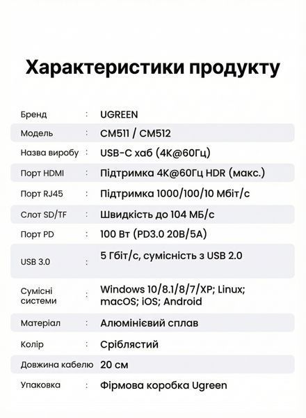 USB-C хаб Ugreen 20 см 7 в 1 HDMI 4K 60Hz RJ45 1 Гбит/с PD 100 Вт 2xUSB 3.0 SD/TF Серебристый 60515 фото