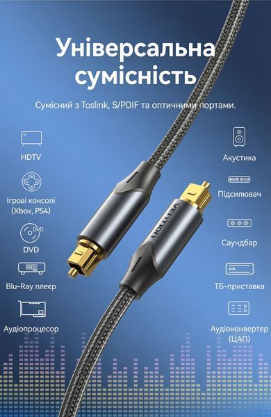 Кабель оптичний аудіо Vention 10 м Toslink на Toslink підтримка 5.1 нейлонове обплетення алюмінієвий корпус позолочені контакти Чорний BAVBL фото