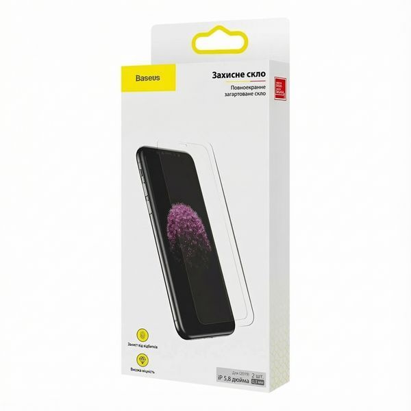 Захисне скло Baseus для iPhone X/XS/11 Pro 5.8" комплект 2 шт повноекранне із захистом від синього світла Anti-Blue Light та олеофобним покриттям Прозорий SGAPIPH58-LS02 фото