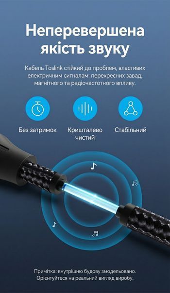 Кабель оптичний аудіо Vention 15 м Toslink S/PDIF для TV PS4 Xbox саундбара підтримка 5.1 7.1 позолочені конектори нейлонове обплетення Чорний BAVBN фото