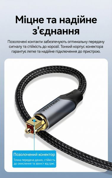 Кабель оптичний аудіо Vention 15 м Toslink S/PDIF для TV PS4 Xbox саундбара підтримка 5.1 7.1 позолочені конектори нейлонове обплетення Чорний BAVBN фото
