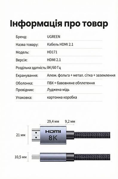 Кабель HDMI Ugreen HD171 HDMI 2.1 8K 60 Гц 10 м Серый (25914) 25914 фото