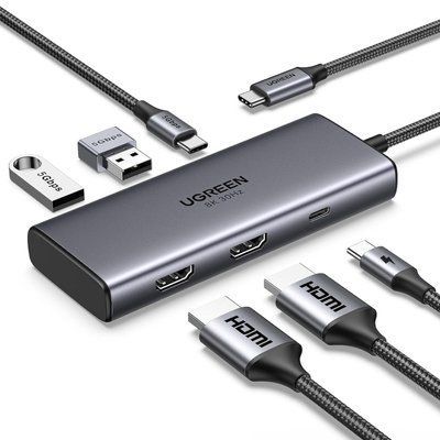 Хаб UGREEN 20 см 6 в 1 USB-C на 2x HDMI 2x USB-A 3.0 USB-C 3.0 PD 100 Вт поддержка 8K 30 Гц Серый 15852 фото
