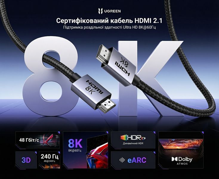 Кабель HDMI Ugreen HD171 HDMI 2.1 8K 60 Гц 10 м Серый (25914) 25914 фото