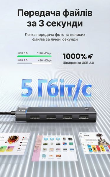 USB-хаб Ugreen 20 см USB-A на 4 порта USB 3.0 5 Гбит/с с портом дополнительного питания USB-C поддержка OTG Серый 15548 фото