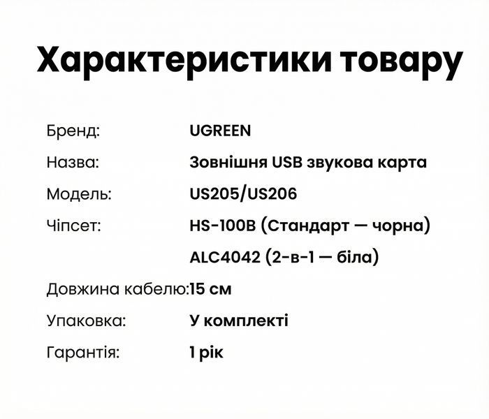 Внешняя звуковая карта Ugreen 15 см USB 2.0 на 2х3.5 мм jack раздельные порты для микрофона и наушников чип C-Media шумоподавление поддержка TRS для ПК PS5 Черный 30724 фото