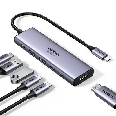 USB-хаб Ugreen 6-в-1 USB-C на HDMI 4K 60Hz 2xUSB-A 2xUSB-C 3.2 PD 100 Вт 10 Гбит/с алюминиевый серый 35999 фото