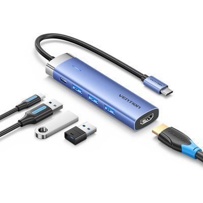 Док-станция Vention 0.15 м 5 в 1 USB-C на HDMI 3xUSB 3.0 PD видео 4K зарядка 100 Вт алюминиевый корпус Синий TGESB фото