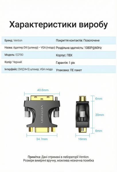 Адаптер Vention DVI-I (24+5) штекер на VGA гнездо 1080P Full HD 60Hz позолоченные контакты двусторонний Черный ECFB0 фото