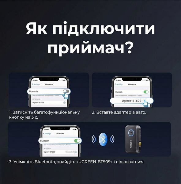 Bluetooth-ресивер AUX Ugreen BT509 Bluetooth 6.0 LDAC 3.5 мм Черный (55546) 55546 фото