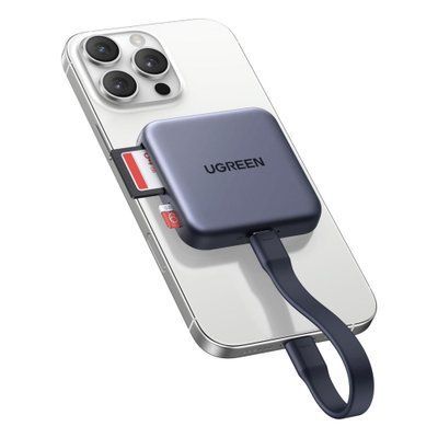 Кардридер Ugreen магнитный USB-C слоты SD и MicroSD UHS-II 312 МБ/с зарядка PD 100 Вт запись ProRes серый 65095 фото