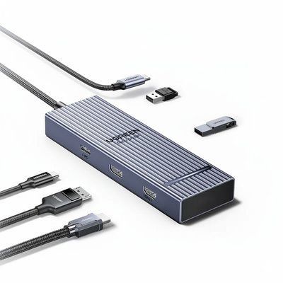 USB-хаб UGREEN 30 см 7 в 1 USB-C на HDMI 4K 60Гц DisplayPort 8K 30Гц 4xUSB-A PD 100W алюмінієвий темно-сірий 55610 фото