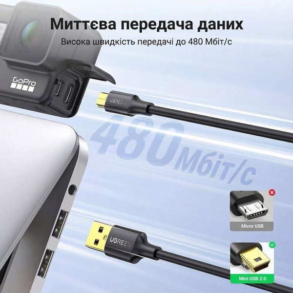 Кабель USB 2.0 на Mini USB Ugreen 0.25 м скорость 480 Мбит/с ток 2 А позолоченные контакты для камер GPS и видеорегистраторов Черный 10353 фото