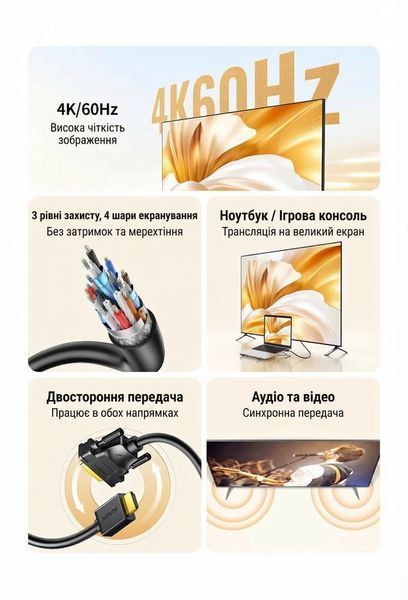 Кабель HDMI на DVI Ugreen 1.5 м двусторонний штекер DVI-D 24+1 поддержка 4K 60Hz позолоченные контакты Черный 11150 фото