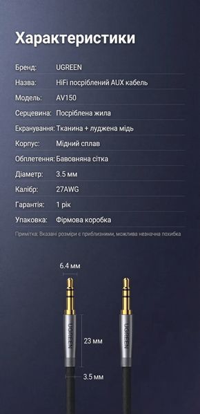 Аудиокабель AUX Ugreen 1.5 м 3.5 мм на 3.5 мм посеребренная жила Hi-Fi звучание двойное экранирование нейлоновая оплетка позолоченные контакты Серебристо-серый 50356 фото