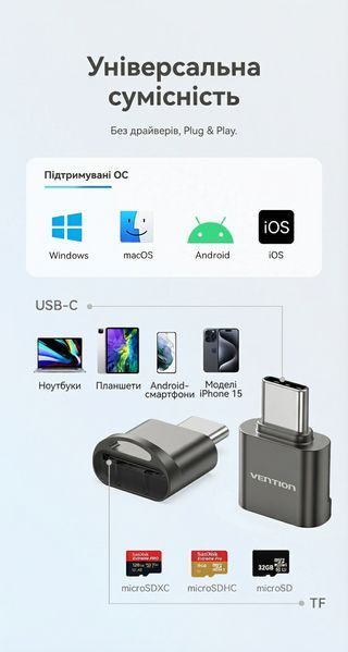 Кардрідер Vention інтерфейс USB-C для карт пам'яті MicroSD підтримка OTG читання до 512 ГБ корпус із цинкового сплаву Сірий CLMH0 фото