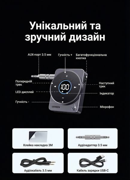 Bluetooth-ресивер UGREEN AUX 3.5 мм Bluetooth 5.4 встроенный микрофон громкая связь LED-дисплей 20 часов работы Темно-серый 35003 фото