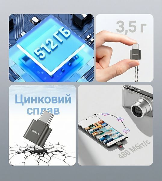 Кардрідер Vention інтерфейс USB-C для карт пам'яті MicroSD підтримка OTG читання до 512 ГБ корпус із цинкового сплаву Сірий CLMH0 фото