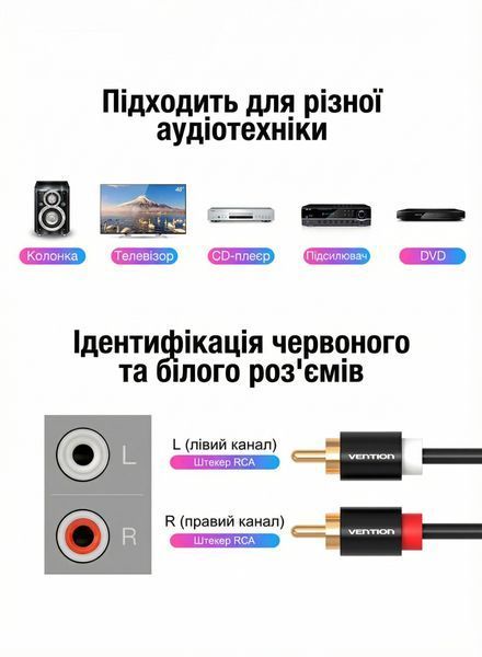 Кабель аудіо 2RCA на 2RCA Vention 1 м позолочені контакти Hi-Fi звучання емальована мідь алюмінієвий корпус Чорний VAB-R06-B100 фото