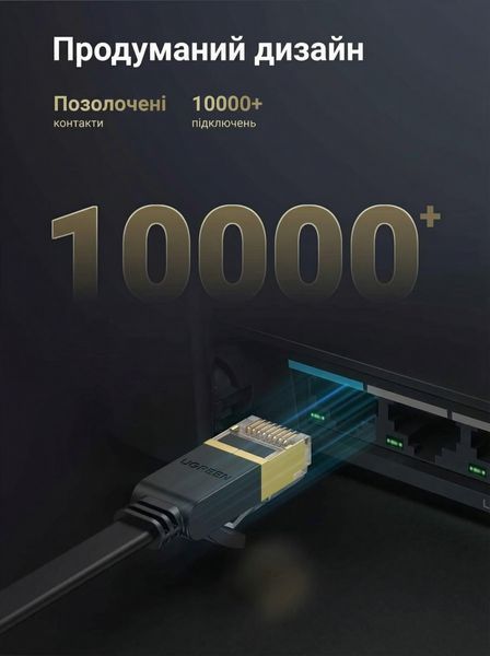 Мережевий кабель Ugreen 15 м Cat 7 RJ45 10 Гбіт/с плаский екранований Чорний 11266 фото