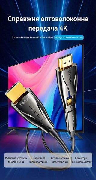 Кабель оптический HDMI Vention 20 м HDMI на HDMI v2.0 4K 60Hz HDR со съемным штекером Micro HDMI 18 Гбит/с корпус цинковый сплав Черный ALPBQ фото