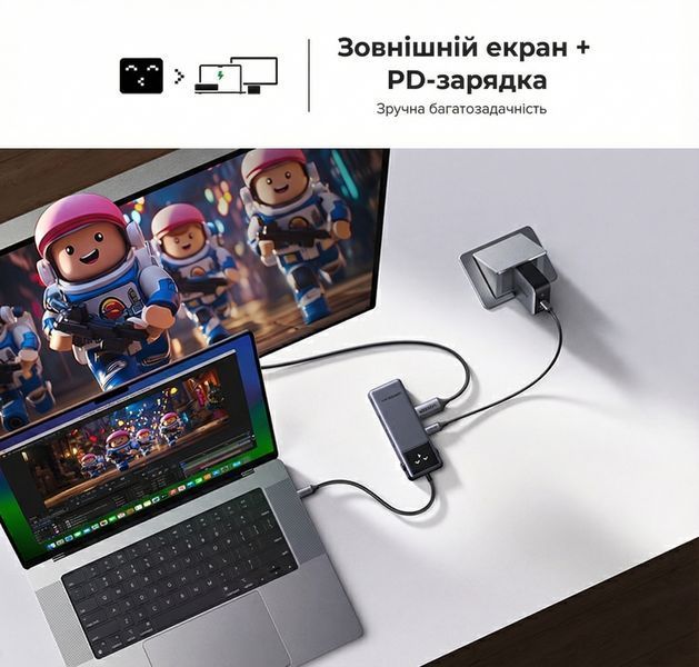USB-хаб Ugreen Uno CM888 USB-C 6-в-1 HDMI 4K 60 Гц PD 100 Вт Серый (75177) 75177 фото