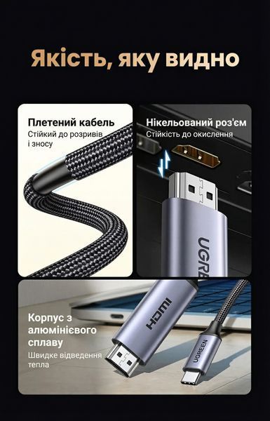 Кабель Ugreen 1.5 м USB-C на HDMI 2.1 8K 60 Гц 4K 240 Гц HDR10+ eARC VRR нейлоновая оплетка серый 90451 фото