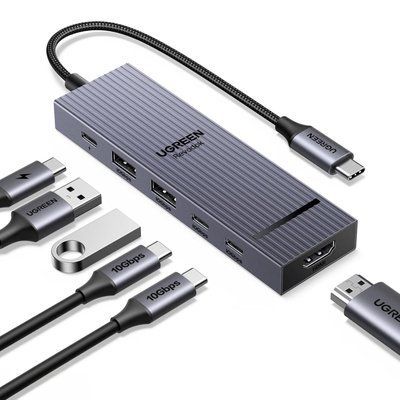 USB-C хаб Ugreen 20 см 6-в-1 HDMI 4K 60Гц PD 100 Вт 2xUSB-A 2xUSB-C 3.2 10 Гбит/с Серый 45363 фото