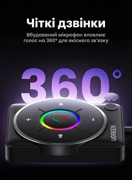 Автомобильный Bluetooth-ресивер Ugreen 1.5 м AUX 3.5 мм Bluetooth 5.4 микрофон с шумоподавлением поддержка двух устройств RGB-подсветка Черный 35002 фото