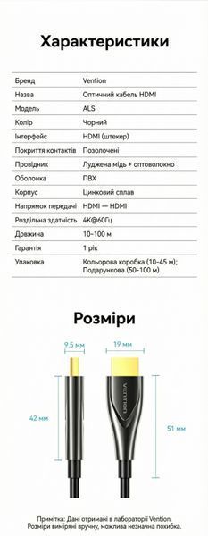 Кабель HDMI Vention 15 м v2.0 оптический 4K 60Hz HDR однонаправленный корпус из цинкового сплава Черный ALSBN фото