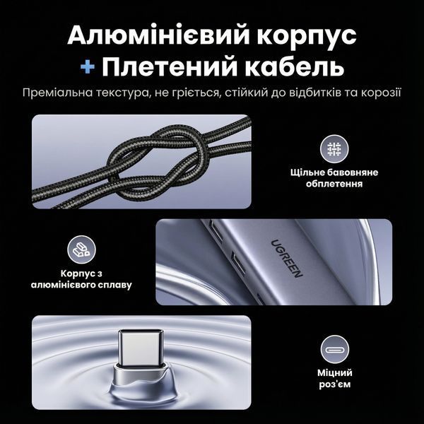 USB-хаб Ugreen 30 см 5-в-1 RJ45 Gigabit Ethernet 2x USB-C 3.2 та USB-A 10 Гбіт/с порт додаткового живлення алюміній Сірий 45321 фото