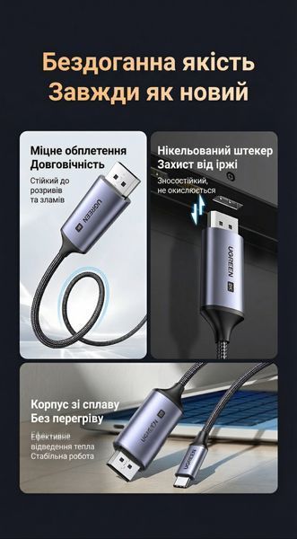 Кабель UGREEN 1 м USB-C на DisplayPort 1.4 8K 60 Гц 4K 240 Гц 32.4 Гбіт/с HDR VRR нейлонове обплетення Чорний 25157 фото