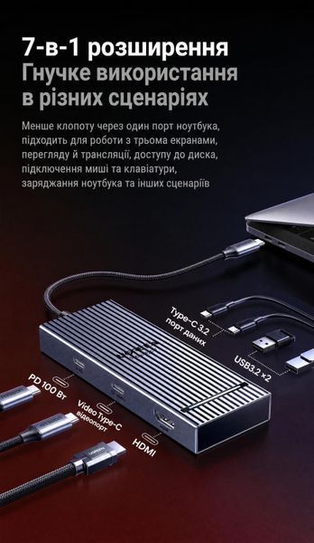 Док-станція USB-C 7 в 1 Ugreen Revodok CM880 40 см HDMI Type-C 4K 120 Гц PD 100 Вт 10 Гбіт/с Сіра (85096) 85096 фото