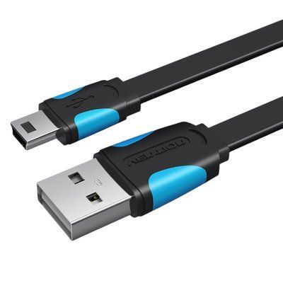 Кабель Vention 1 м USB 2.0 на Mini USB плоский зарядка 2А передача данных 480 Мбит/с для камер и видеорегистраторов Черный VAS-A14-B100 фото