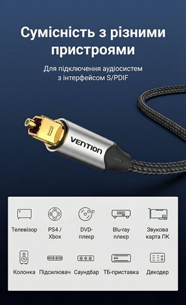 Кабель оптичний аудіо Vention 15 м Toslink S/PDIF підтримка 5.1 нейлонове обплетення позолочені конектори алюмінієвий корпус Сірий BAVHN фото