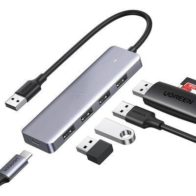 USB-хаб Ugreen 15 см с дополнительным питанием USB-C 4 порта USB 3.0 5 Гбит/с для ноутбука и консолей серый 50985 фото