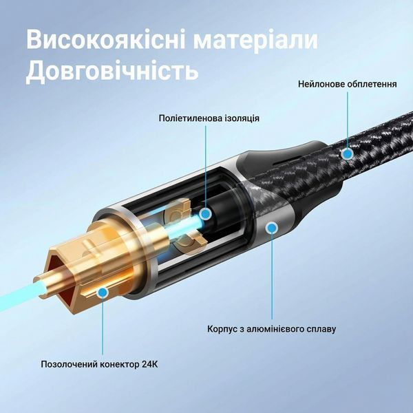 Кабель оптичний аудіо Vention 15 м Toslink S/PDIF підтримка 5.1 нейлонове обплетення позолочені конектори алюмінієвий корпус Сірий BAVHN фото