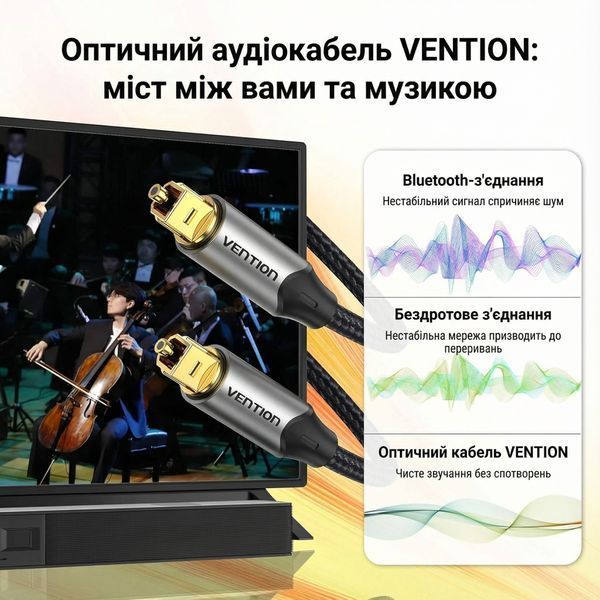 Кабель оптичний аудіо Vention 15 м Toslink S/PDIF підтримка 5.1 нейлонове обплетення позолочені конектори алюмінієвий корпус Сірий BAVHN фото
