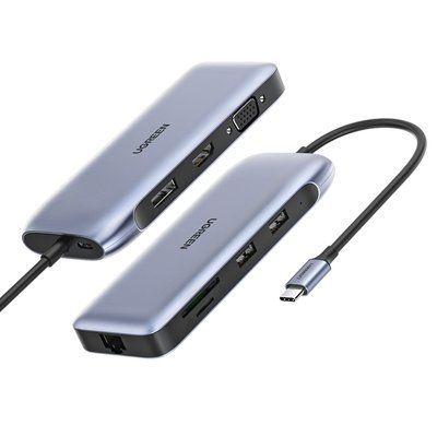 USB-C хаб UGREEN 15 см 9-в-1 HDMI DisplayPort VGA 4K 60 Гц RJ45 Gigabit Ethernet USB 3.0 SD TF PD 100 Вт Серый 70301 фото