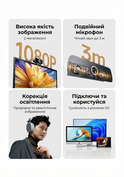 Веб-камера Ugreen Full HD 1080P 30fps двойной микрофон с шумоподавлением автокоррекция освещения поворот 360 градусов USB кабель 1.5 м Черный 75587 фото
