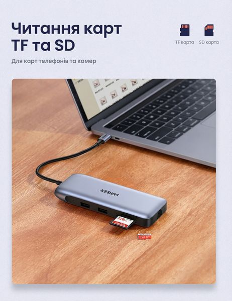USB-C хаб UGREEN 15 см 9-в-1 HDMI DisplayPort VGA 4K 60 Гц RJ45 Gigabit Ethernet USB 3.0 SD TF PD 100 Вт Серый 70301 фото