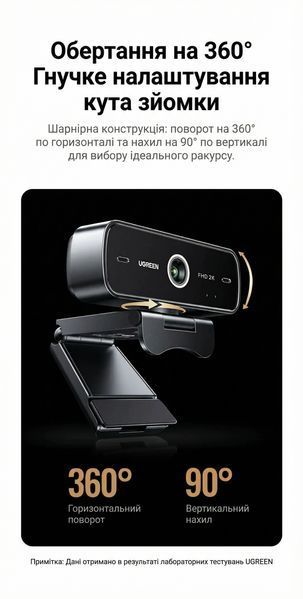Веб-камера Ugreen 2K HD 4Мп автофокус двойной микрофон угол обзора 68&deg; кабель USB 1.5 м Черный 75593 фото